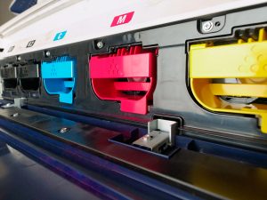 modern digital printing press, concept, closeup of the toner cartriges