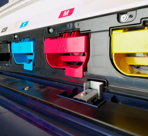 modern digital printing press, concept, closeup of the toner cartriges